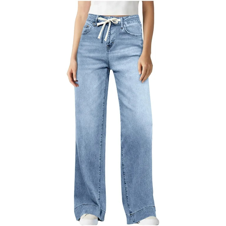 Iyufng Women's Drawstring Wide Leg Jeans Loose Fit Straight Jeans | Walmart (US)