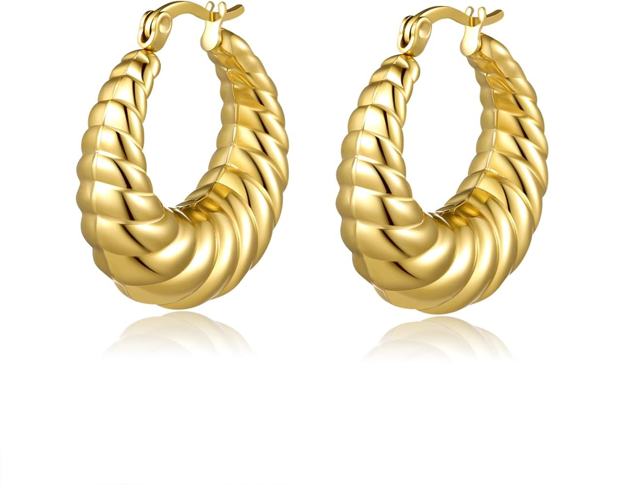 Chunky Gold Hoop Earrings for Women, Thick Stainless Steel Huggie Hoop Earrings with 18K Real Gol... | Amazon (US)
