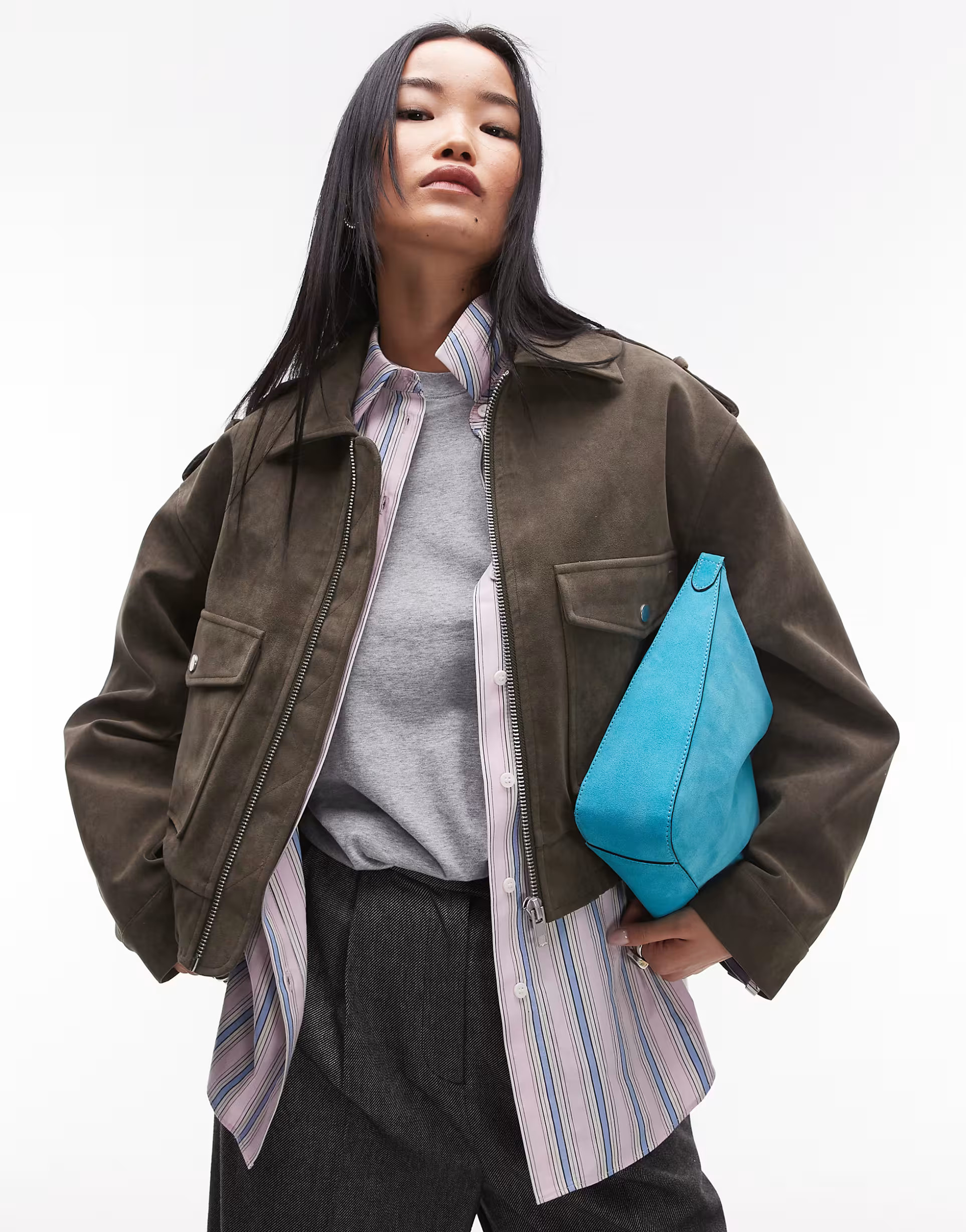 Topshop cropped faux suede bomber jacket with popper details in khaki | ASOS (Global)