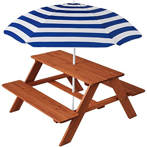 Best Choice Products Wooden Kids Picnic Table with Umbrella, Outdoor Activity Table Set with Built-in Benches, 220 lb Capacity per Bench - Golden Brown/Navy | Amazon (US)