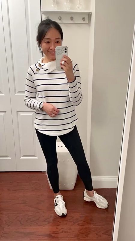 Love this soft stripe sweatshirt with button details. I took size XXS. I'm 5' 2.5" and currently 112 pounds. Use code CARDPERKS for an extra 20% off as a J.Crew cardmember.

7/8 petite friendly leggings with a 25" inseam in size XS

J.Crew Factory 

#LTKover40 #LTKfindsunder50 #LTKSeasonal
