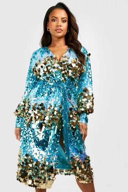 Plus Mixed Sequin Detail Wrap Midi Dress | Boohoo.com (UK & IE)