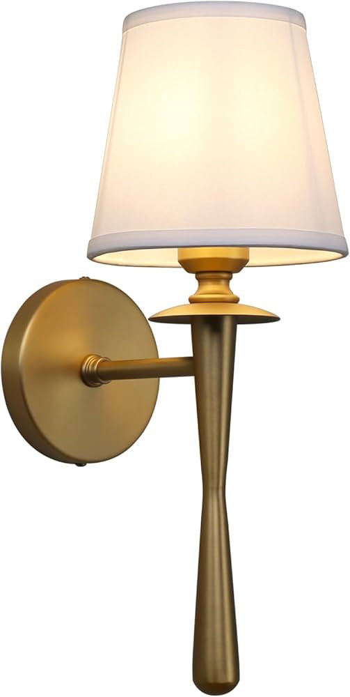 PERMO Antique Wall Sconce with Flared White Textile Lampshade Classic Vintage Brass Gold Sconce H... | Amazon (US)
