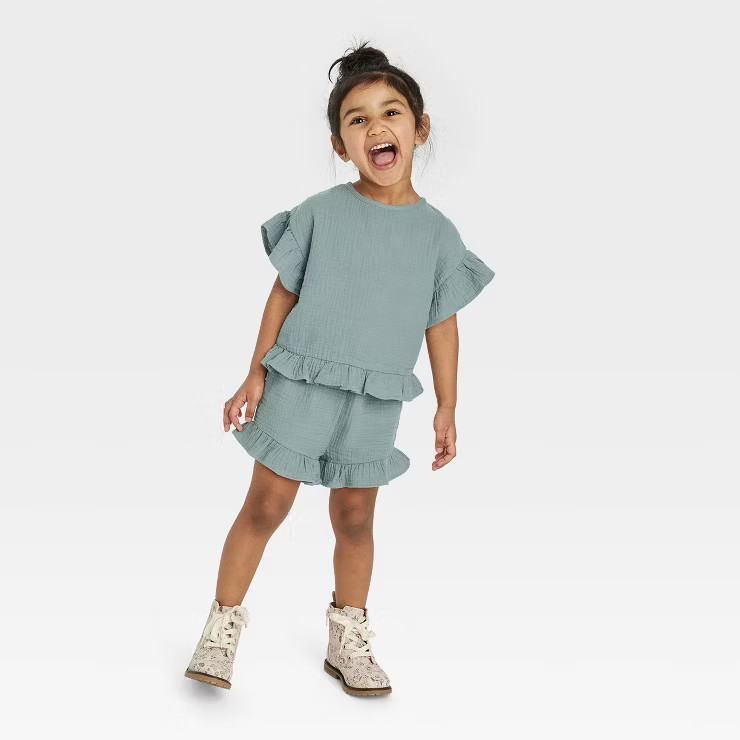 Grayson Collective Toddler Girls' Gauze Ruffle Short Sleeve Top & Short Set - Teal Blue | Target