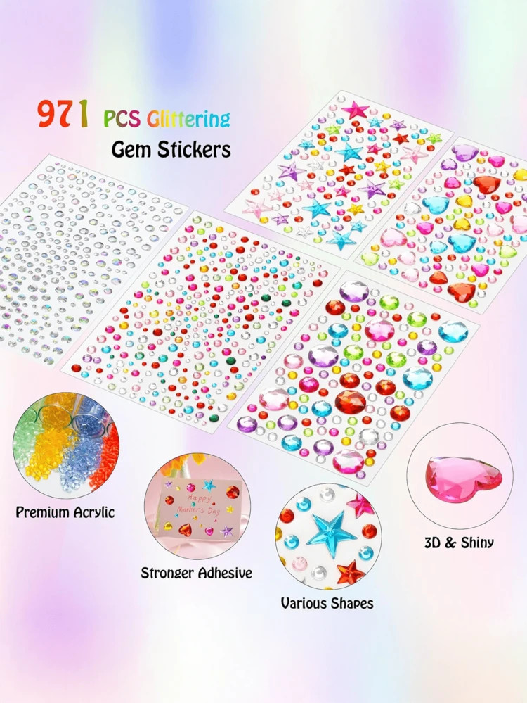 971pcs Crafts Gem Stickers Rhinestones For Crafts, DIY Decoration, Acrylic Bling Self Adhesive Rhinestone Jewel Stickers, Cute Star Heart Round Small Stickers For Women Adults, For Face Eye Body Makeup, Wrapping,Birthdays,Holidays,Back To School,School & Office Supplies | SHEIN