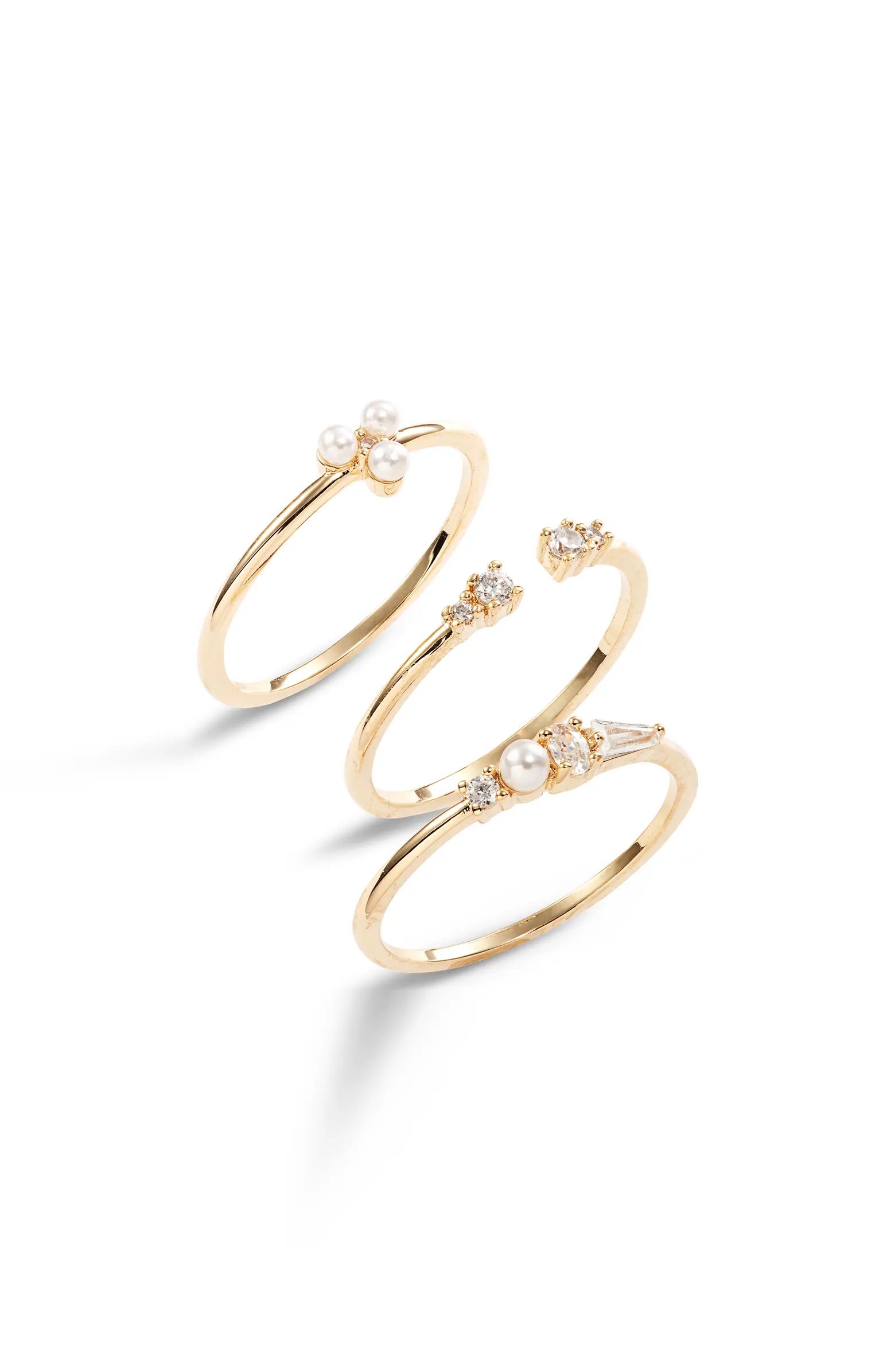 Set of 3 Imitation Pearl & Cubic Zirconia Rings | Nordstrom