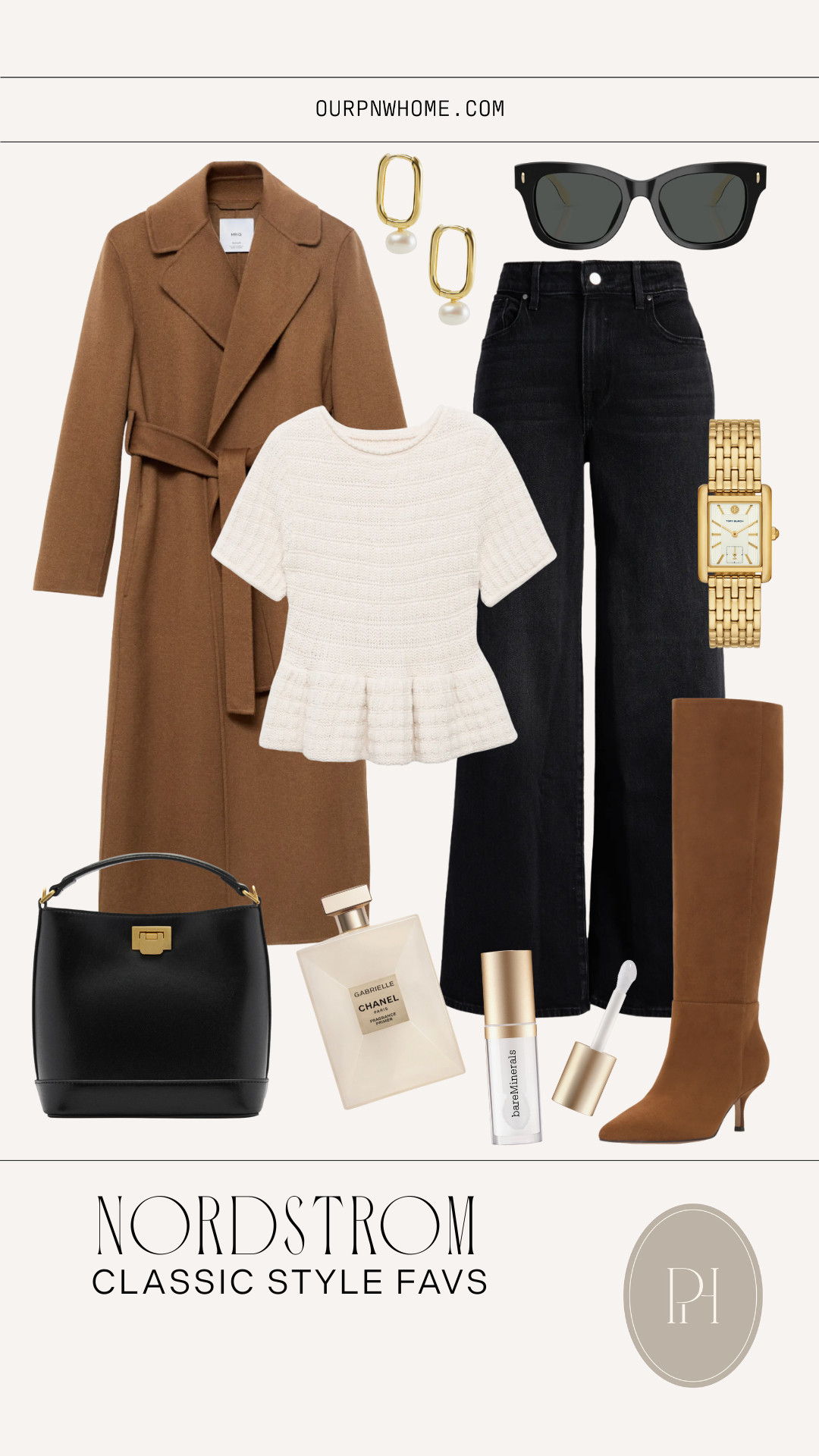 Loving these classic style pieces for a chic winter look from Nordstrom!

black jeans, wide leg jeans, black denim, wide leg denim, white top, peplum top, brown coat, dress coat, winter trench coat, gold watch, designer watch, gold earrings, pearl hoop earrings, black sunglasses, designer sunglasses, perfume, women's fragrance, black handbag, lip oil, lip gloss, makeup, beauty, brown boots, knee high boots 

 #LTKgrwm #LTKootd #LTKWorkwear