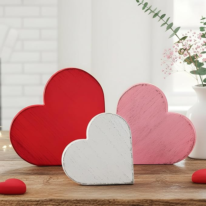 Valentine's Day Wooden Heart Decorations, 3pcs Red, Pink & White Distressed Farmhouse Hearts, Rus... | Amazon (US)