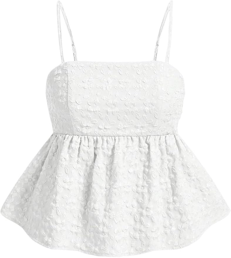 SOLY HUX Women's Spaghetti Strap Ruffle Hem Peplum Cami Top Jacquard Camisole | Amazon (US)