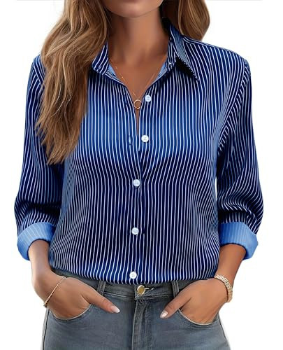 siliteelon Satin Silk Blouse Striped Button Down Shirts for Women Long Sleeve Dress Blouses Collared Work Office Tops Navy Blue Striped L | Amazon (US)