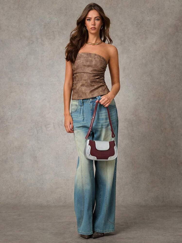 SHEIN BAE Brown PU Leather Ruched Bandeau Crop Top For Women, Fall Tops, Tube Top, Sexy Women Top... | SHEIN