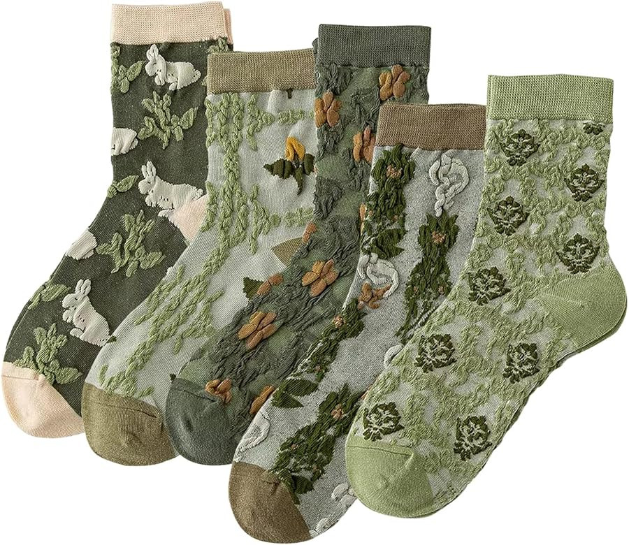 DXYAKY 5 Pairs Womens Floral Cotton Socks Vintage Patterned Crew Socks Novelty Ankle Ruffled Warm... | Amazon (US)