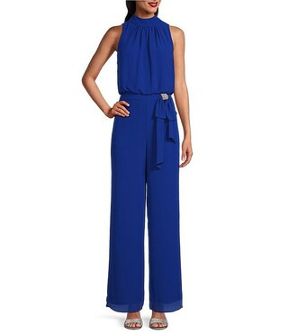 Marina Sleeveless Halter Mock Neck Rhinestone Bow Waist Chiffon Jumpsuit | Dillard's | Dillard's
