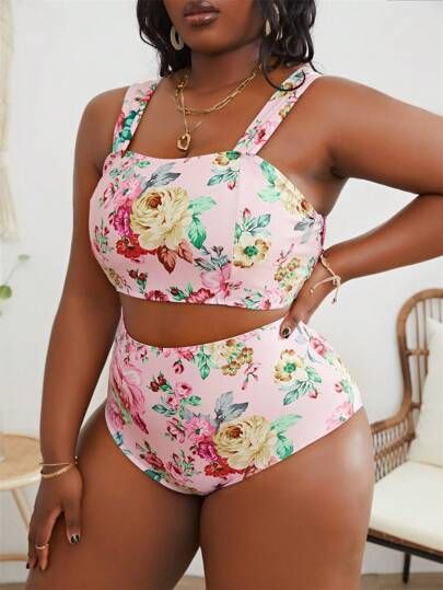 Plus Floral Print High Waisted Bikini Swimsuit | SHEIN