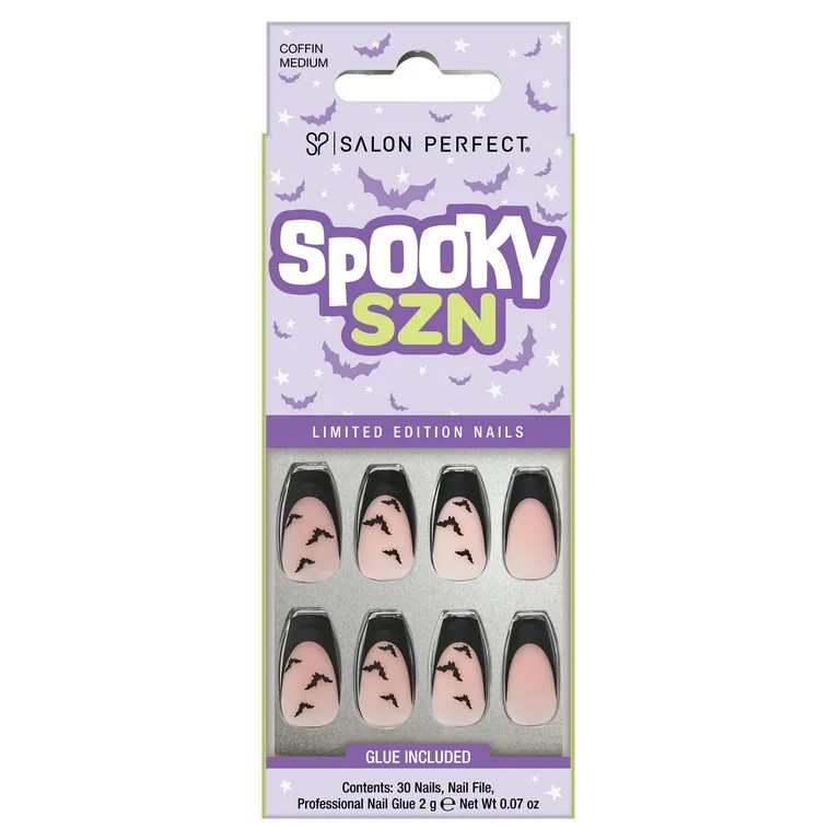 Salon Perfect Halloween Fall Artificial Fake Press On Nails, 389 Matte Black French Bats, Medium ... | Walmart (US)