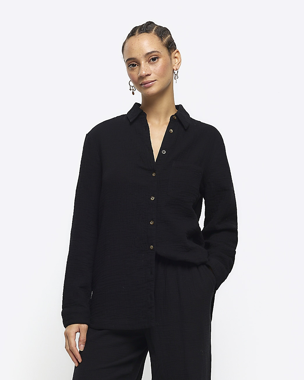 Black textured long sleeve shirt | River Island (UK & IE)