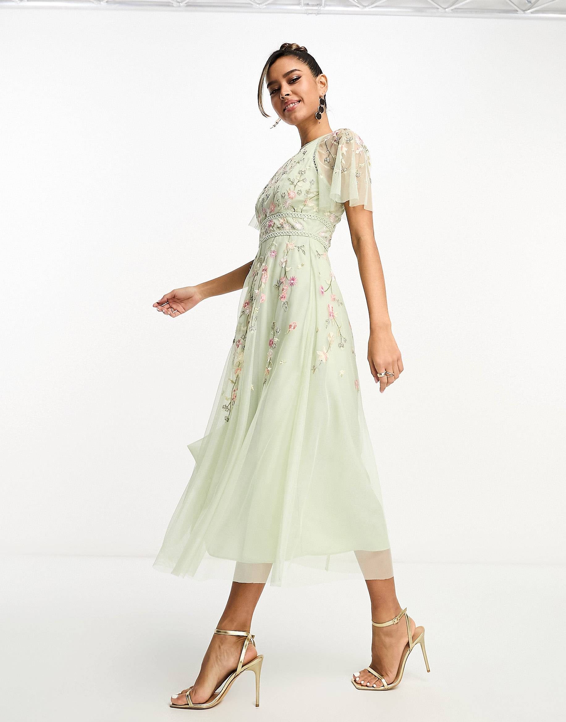 ASOS DESIGN Bridesmaid floral embroidered flutter sleeve midi dress with embellishment in sage gr... | ASOS (Global)
