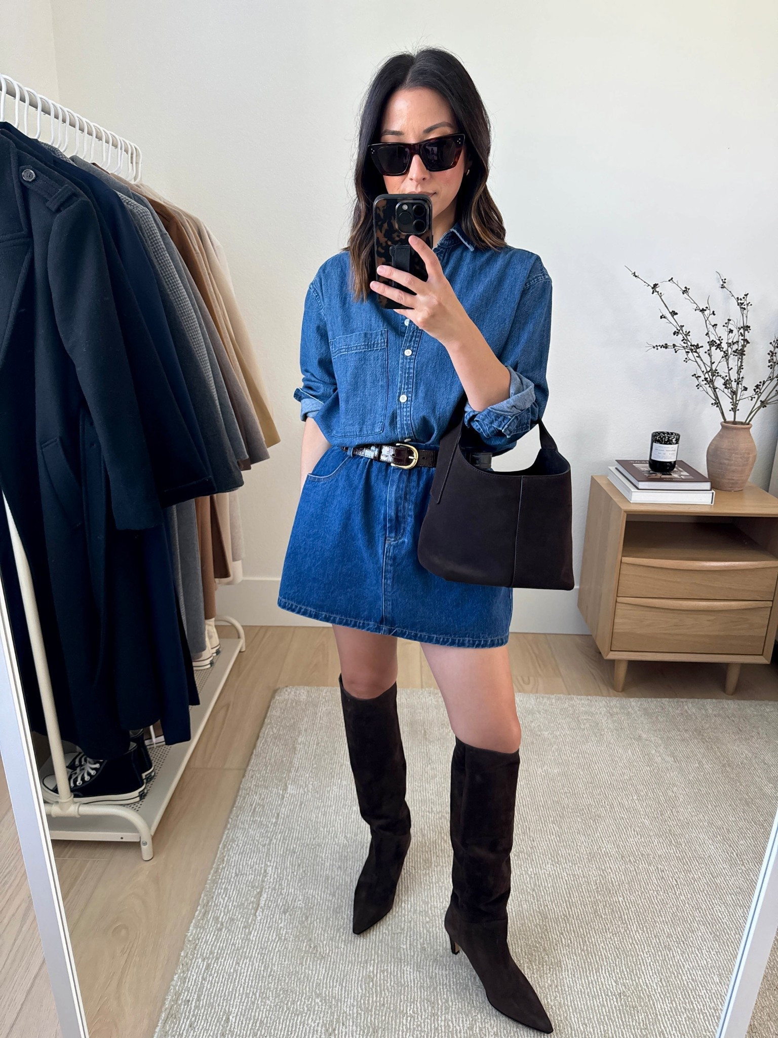 Thanksgiving 2025 outfit idea. 

AYR denim shirt xs
J.Crew belt
English Factory skort small, need the xs
J.Crew Stevie Boots 5.5
Banana Republic suede bag
Celine Sunglasses

Fall outfits, fall style, petite style, Thanksgiving outfit, holiday style 

#LTKHoliday #LTKPetite #LTKSeasonal