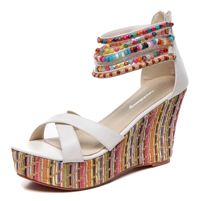 getmorebeauty Women's Wedge Sandals with Pearls Across The Top Platform Sandals High Heels | Amazon (US)
