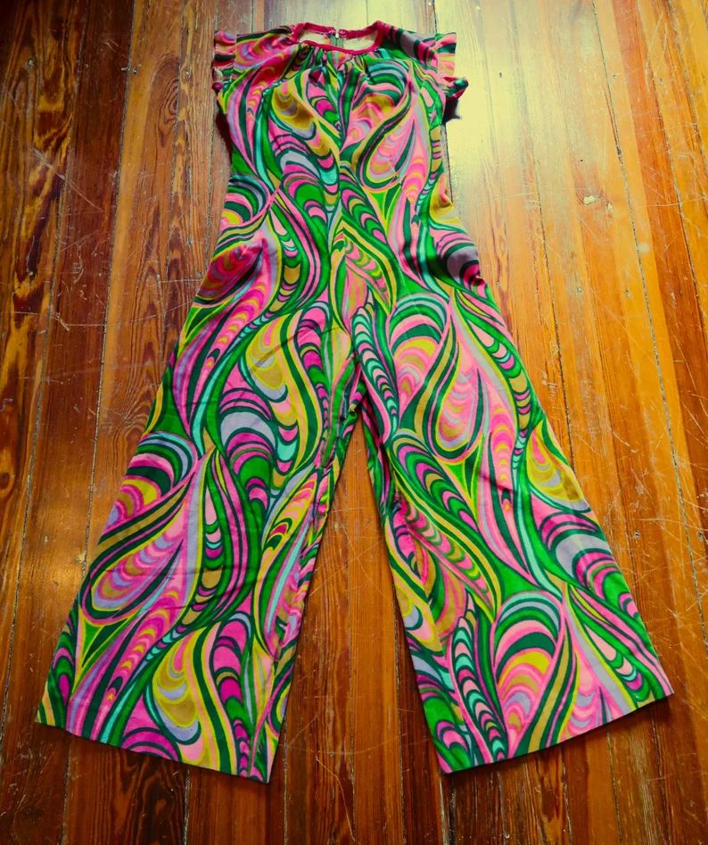 OOAK Eye-Popping Psychedelic 60s Velveteen Jumpsuit/Beach Pajamas in Bright Pinks, Greens, Yellow... | Etsy (US)