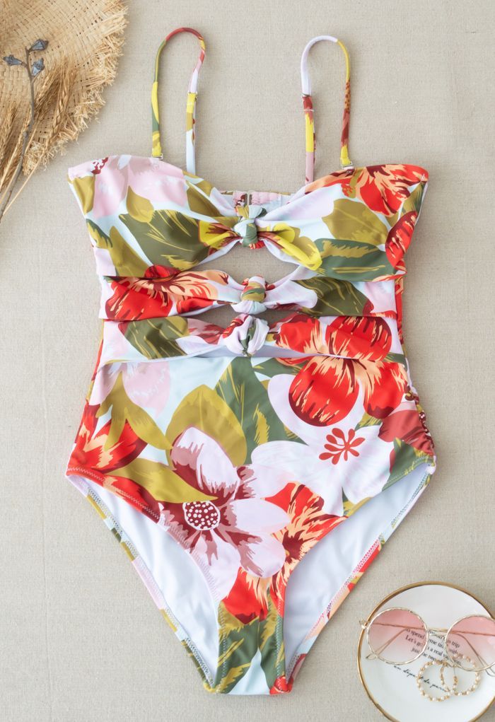 Tropical Print Knotted Cutout Swimsuit | Chicwish