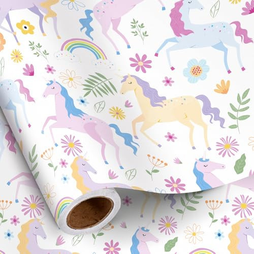 RUSPEPA Unicorn Wrapping Paper Roll for Kids Girls, Mini Roll, Pastel Dreamy Unicorn with Flower Gift Wrap Paper, Perfect for Girls' Birthday, Baby Shower, Fairy Tale Theme Gift, 17 Inches x 16.4 Feet | Amazon (US)