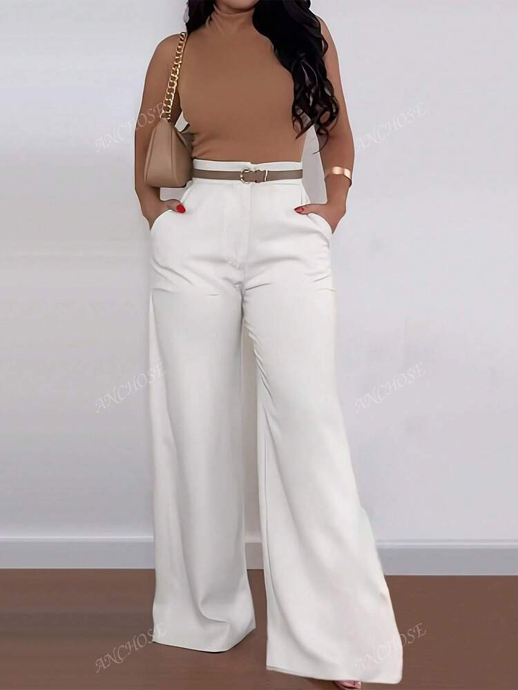 ANCHOSE Women's Casual White High Waist Pocket Design Flare Pants, Loose Fit | SHEIN