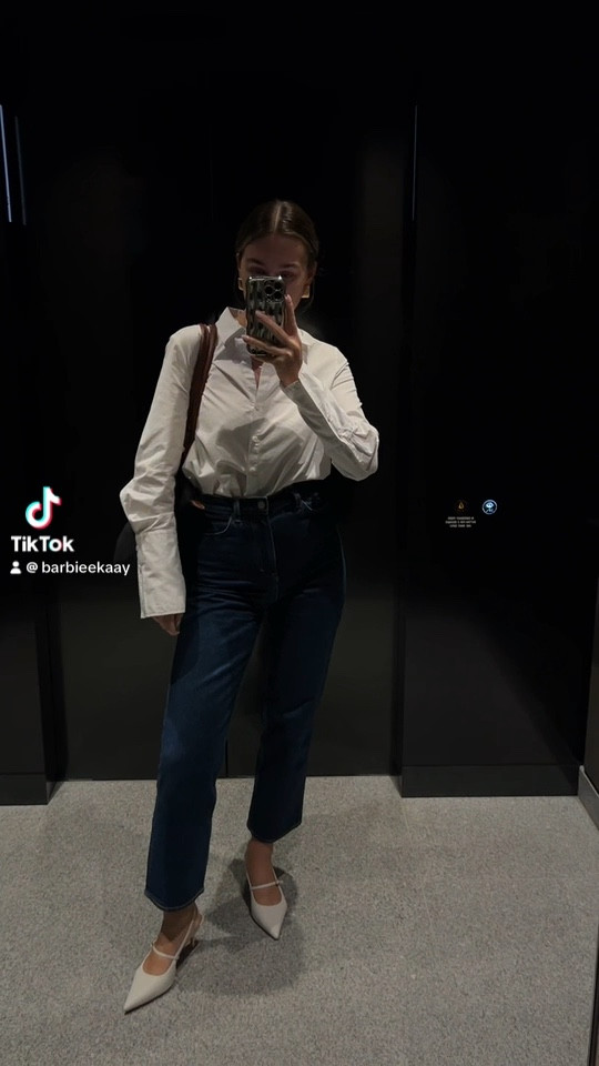 dark blue denim jeans for my work outfit today, featuring my new fave heels 🤍 

#LTKstyletip #LTKworkwear #LTKSeasonal