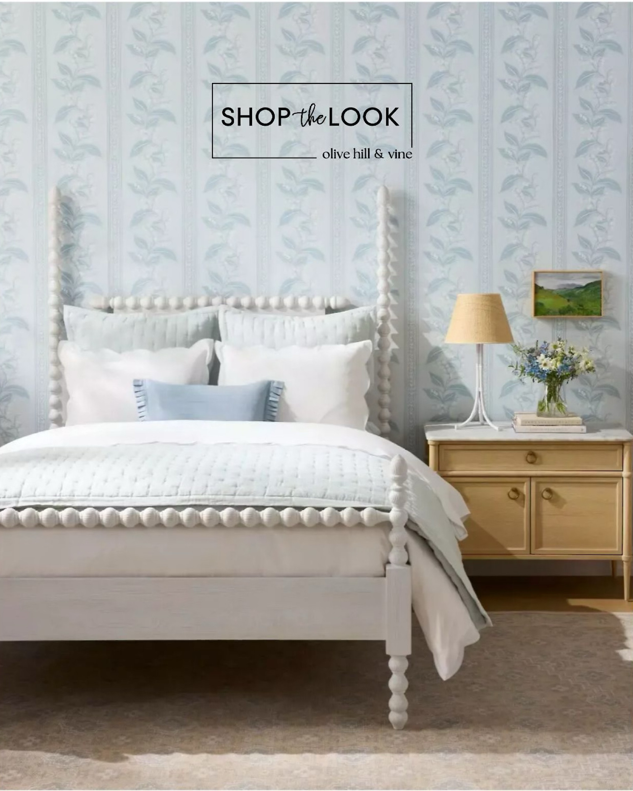 Experience the charm of timeless New England design with a sunbleached pine bed featuring stepped posts and bobbin detailing. Pair it with a scalloped duvet, airy linen quilt, and a sand-and-blue rug. Soft lily of the valley wallpaper and nature-inspired accents complete this serene, classic bedroom. 

#LTKStyleTip #LTKHome #LTKFamily
