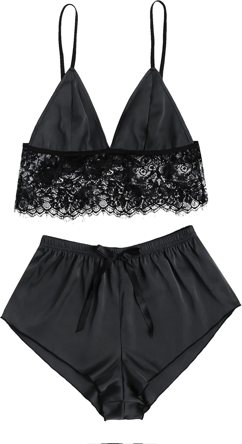 Avidlove Satin Pajama Lingerie Lace Cami Top with Shorts Sexy 2 Piece Sleepwear | Amazon (US)
