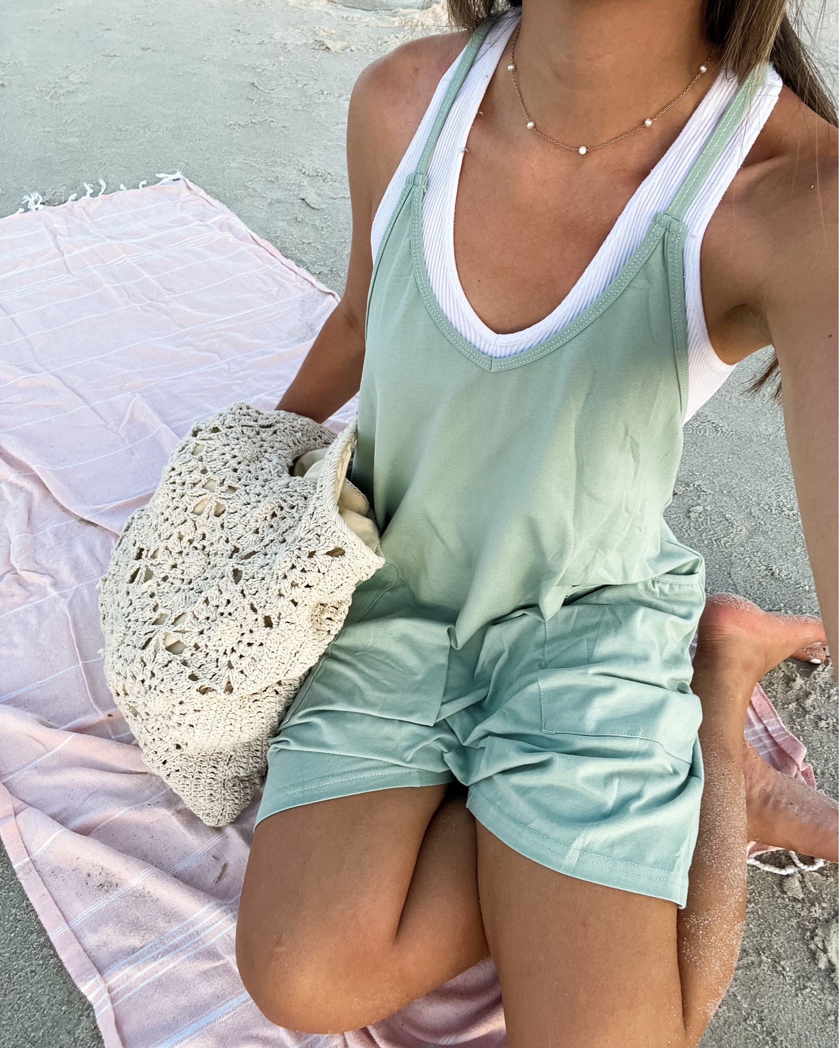Aesthetic Summer Beach Outfit; Free People Hot Shop Romper Dupe, Crochet Beach Bag, Pura Vida Bracelets Necklace Jewelry 

#LTKunder50 #LTKstyletip #LTKswim