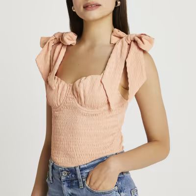 Orange shirred tie strap cami top | River Island (UK & IE)