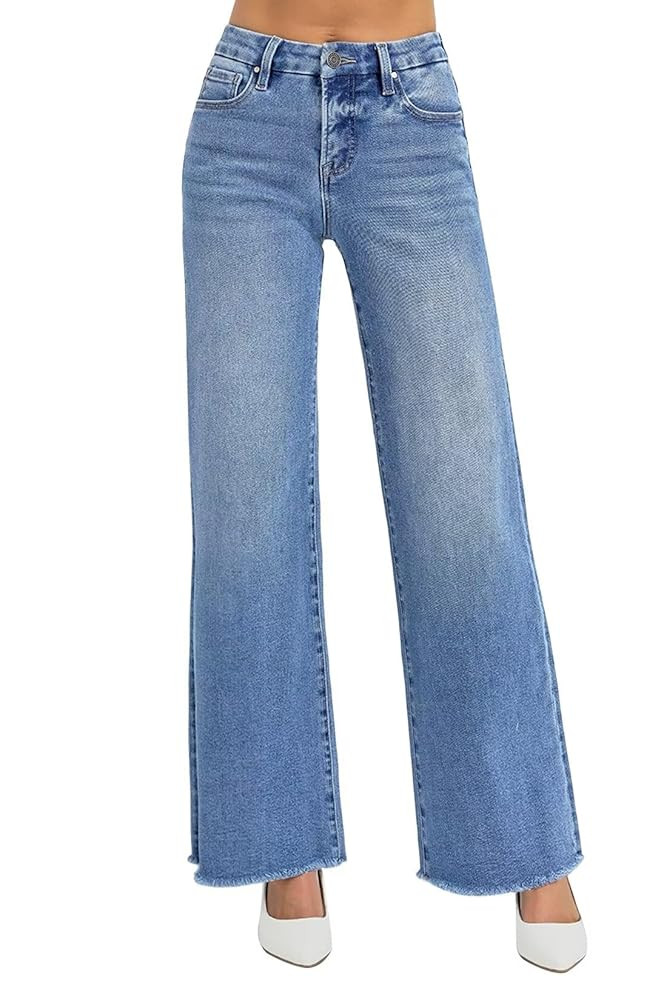 Allimy Women's Straight Leg Flare Jeans High Waisted Strechy Raw Hem Denim Pants | Amazon (US)