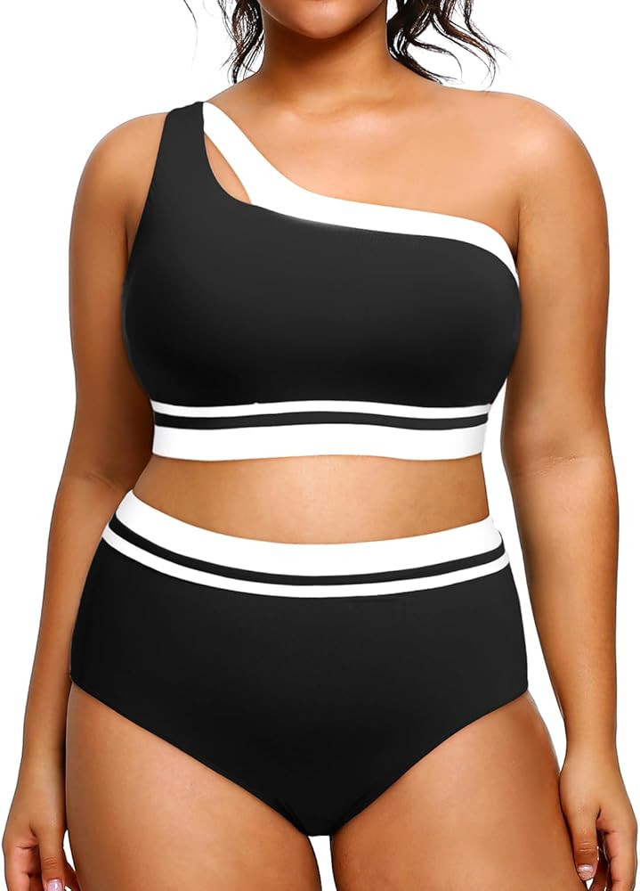 Aqua Eve Women Plus Size High Waisted Bikini One Shoulder Two Piece Swimsuit Color Block Bathing ... | Amazon (US)