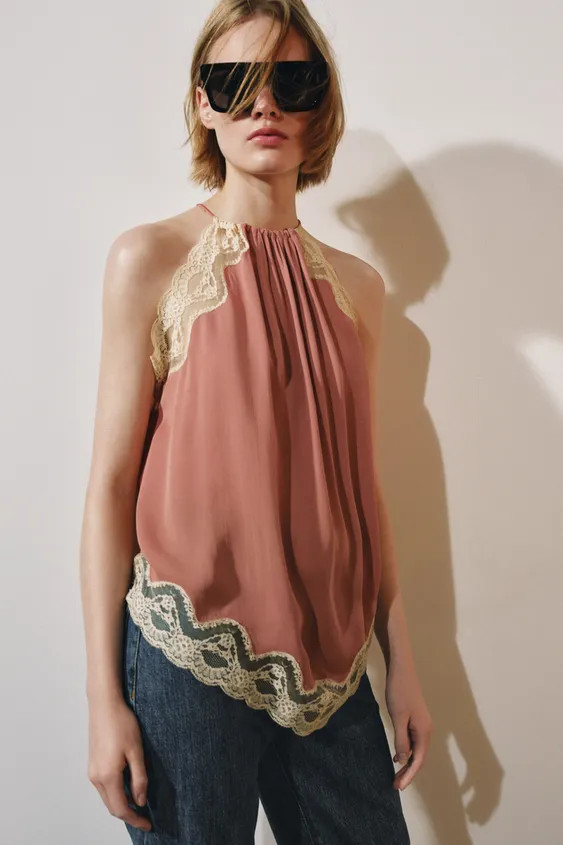 ZARA WOMAN COLLECTIONTop crafted from viscose yarn. Halter neck with thin adjustable ribbon strap... | Zara US
