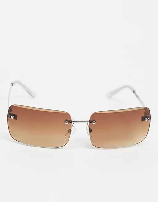 ASOS DESIGN 90s rimless mid square sunglasses with grad brown lens in brown | ASOS (Global)