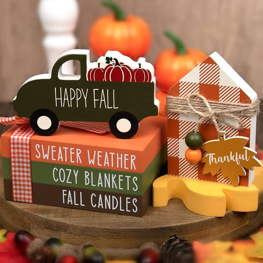 DAZONGE Fall Decor - Fall Tiered Tray Decor - Double Sided Fall Book Stack, Pumpkin Truck, MIni W... | Amazon (US)