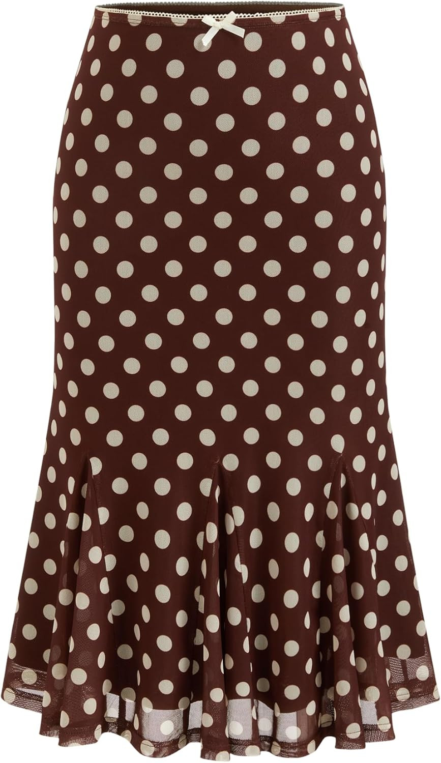 CIDER Womens Polka Dot Midi Skirt Bowknot Sheer Mesh Trendy Skirt | Amazon (US)