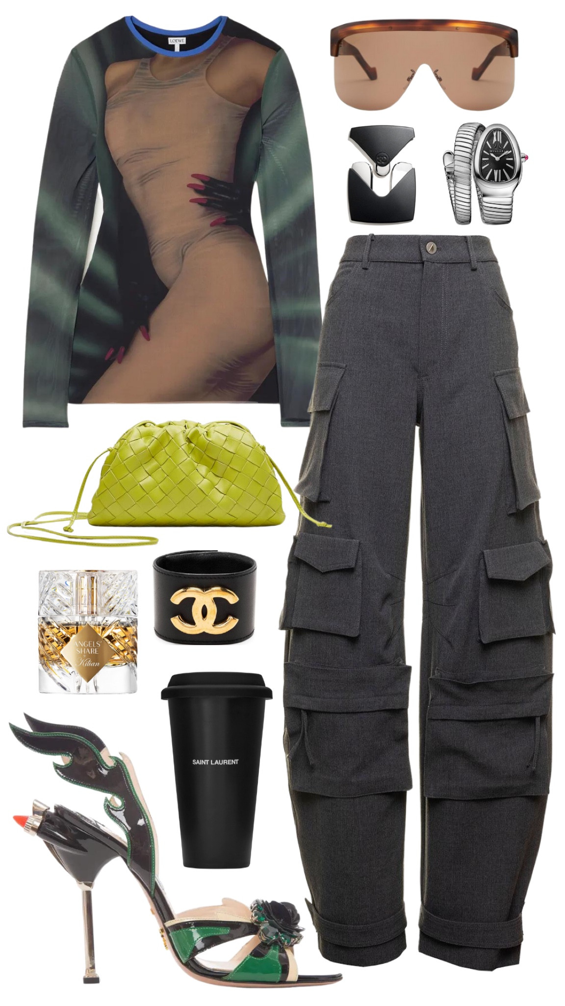 loewe shirt 
the attico cargo pants 
bottega veneta intrecciato mini pouch 
prada 2012 flame heels 
loewe sunglasses 
chanel vintage bracelet 
bulgari serpenti watch
saint laurent coffee mug 
kilian angels share perfume 
chanel sculpting massage tool 

#LTKstyletip #LTKHoliday #LTKshoecrush