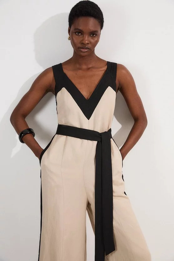 Linen Viscose Colour Block Cross Back Woven Jumpsuit | Karen Millen UK + IE + DE + NL