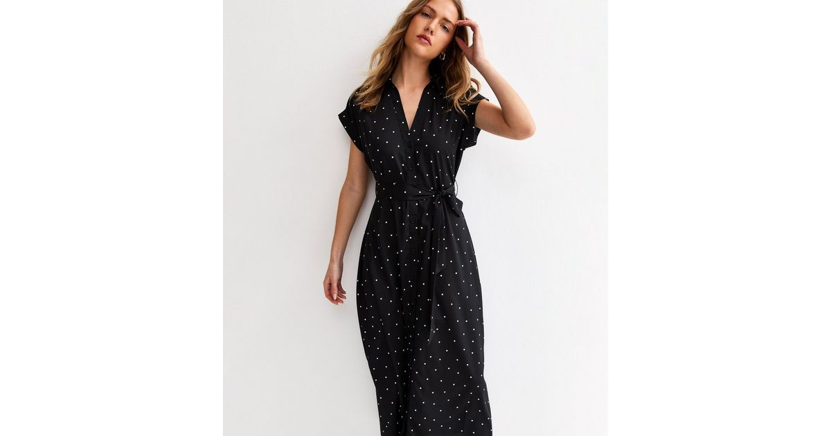 Black Crepe Dot Print Collared Short Sleeve Midi Dress | New Look | New Look (UK)