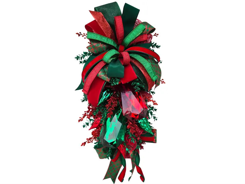 Jewel Christmas Wreath, Red & Green Christmas Swag, Glam Xmas Wreath, Plaid Ribbon Front Door Dec... | Etsy (Global)
