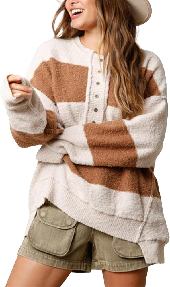 Womens Oversized Striped Sweater Long Sleeve Color Block Half Buttoned Collar Knit Pullover Tops | Amazon (US)