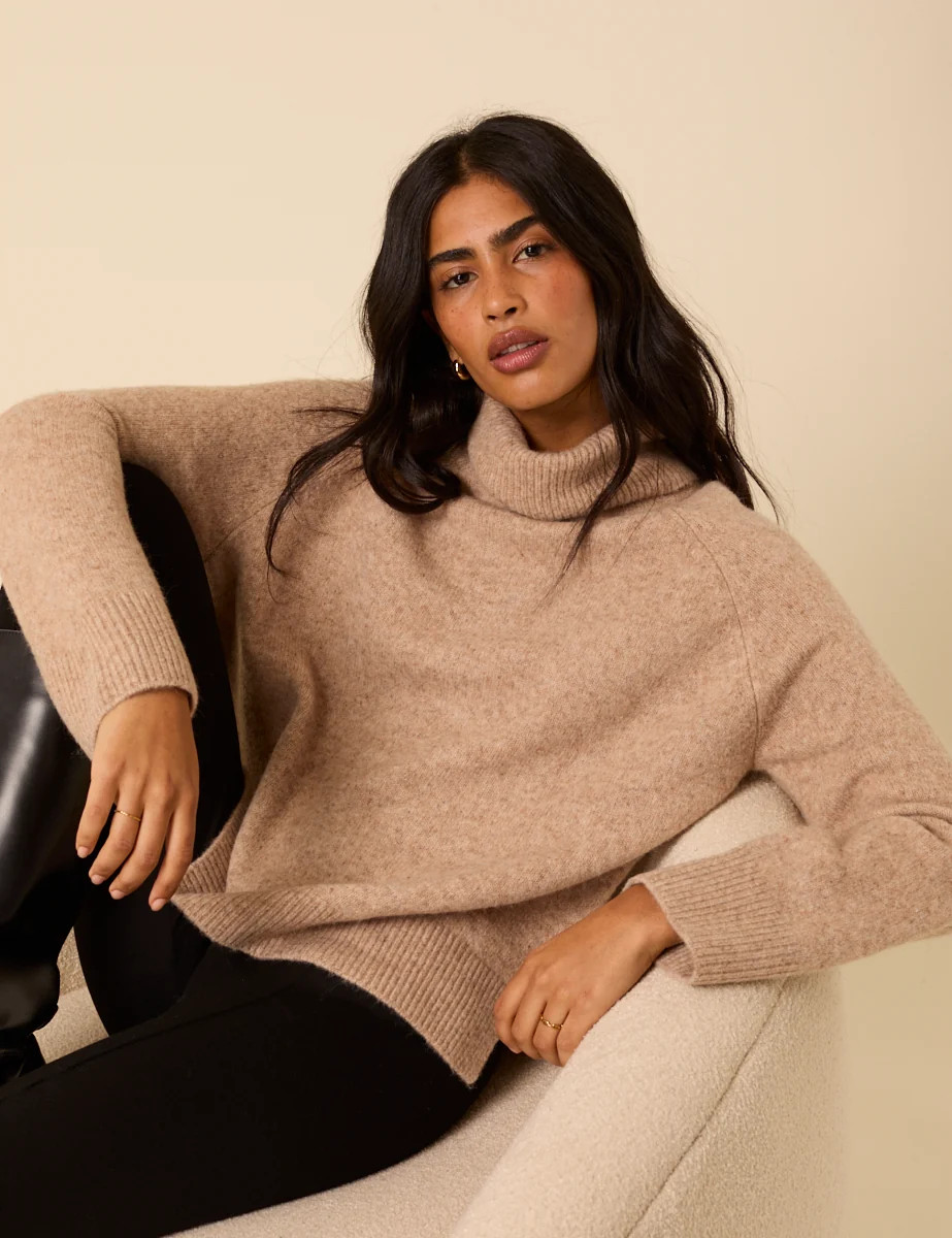 Beige Roll Neck Relaxed Knitted Jumper | Nobody's Child