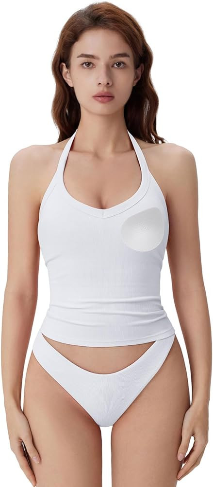 SUUKSESS Halter Tank Top for Women with Built in Bra Cotton Ribbed V Neck Cami | Amazon (US)