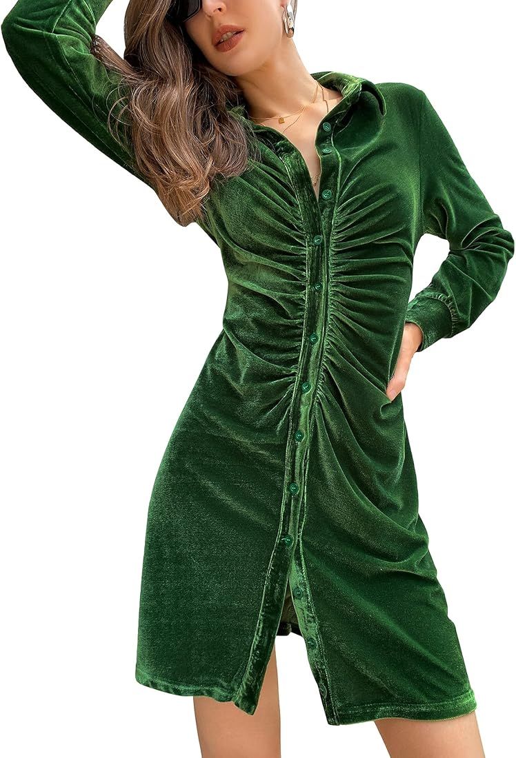FAIRYLOOK Womens Sexy Ruched Front Velvet Shirt Dress Wrap Long Sleeve Button Down Bodycon Dresses | Amazon (US)