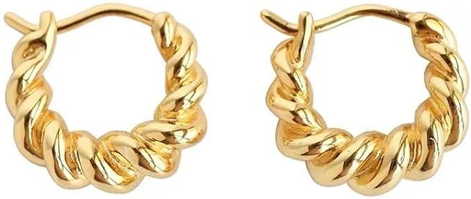Gold Chunky Twisted Hoop Earrings 18K Gold Plated, for Women Hypoallergenic Open Hugging Hoop, Je... | Amazon (US)