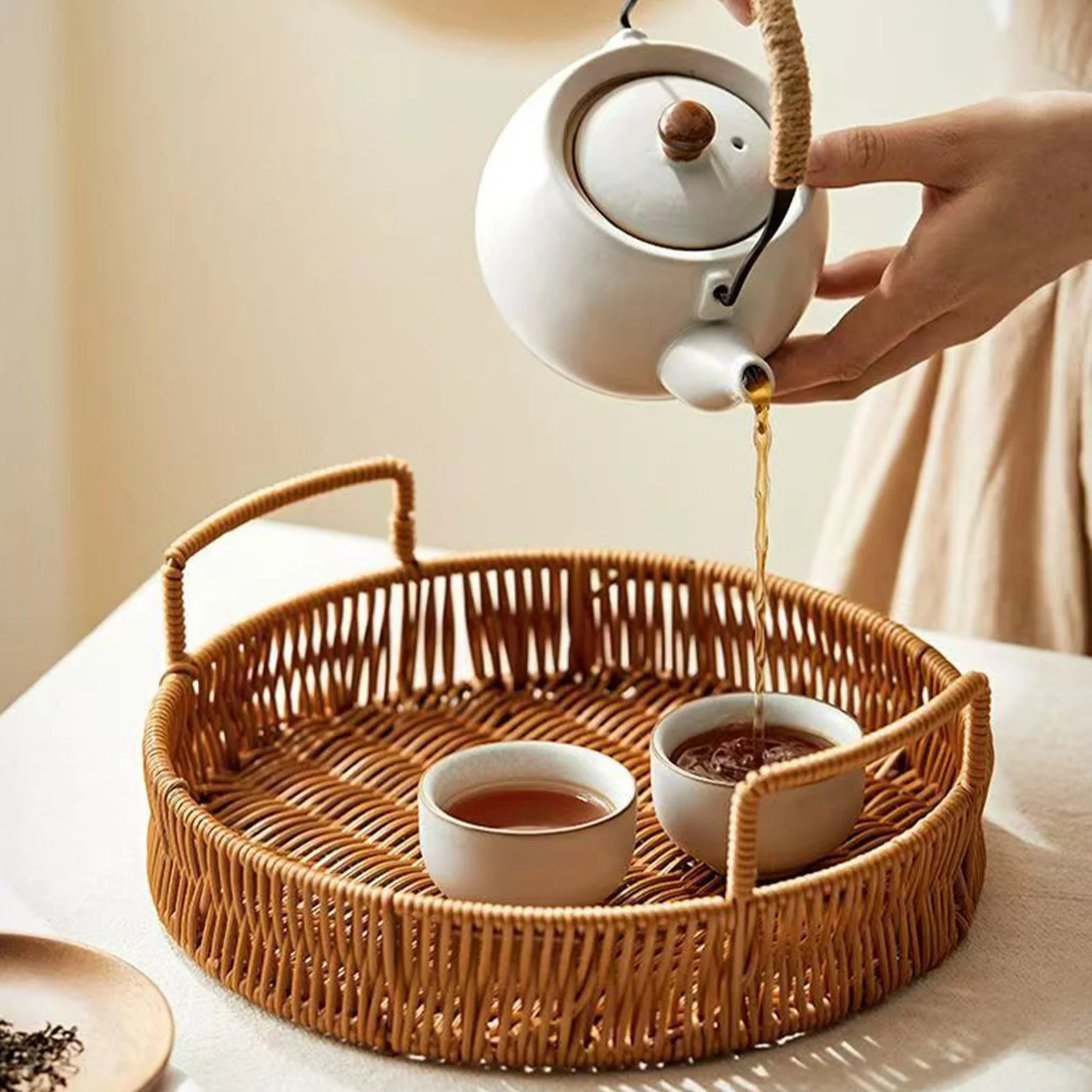 Tiitstoy Rattan Tray for Coffee Table - Round Decorative Tray with Handles for Serving - Natural ... | Walmart (US)