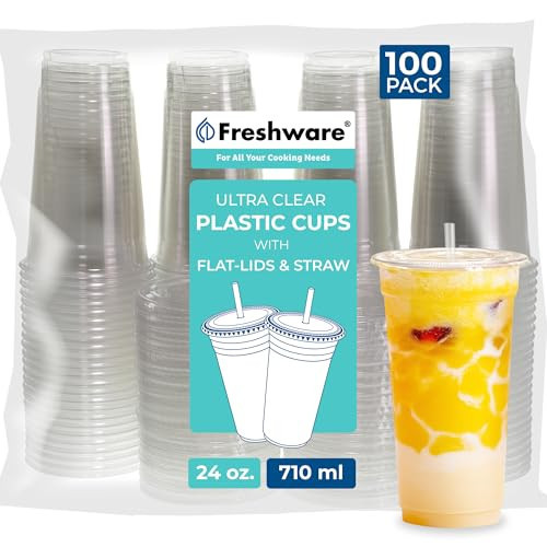 Freshware 24 oz Clear Disposable Plastic Cups with Flat Lids and Straws, 100 Pack Clear Plastic Cups Tumblers, Heavy-duty Party Glasses, Disposable Cups for Thanksgiving, Halloween, Christmas Party | Amazon (US)