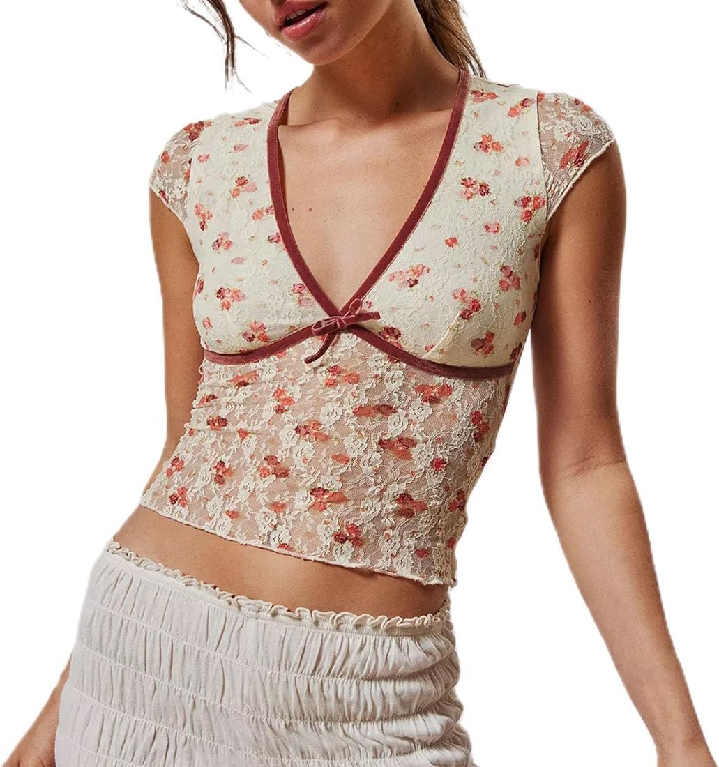 RUEWEY Women Y2k Fairy Lace Crop Top Lace Tube Top See-Through Slim Fit Tops Streetwear | Amazon (US)